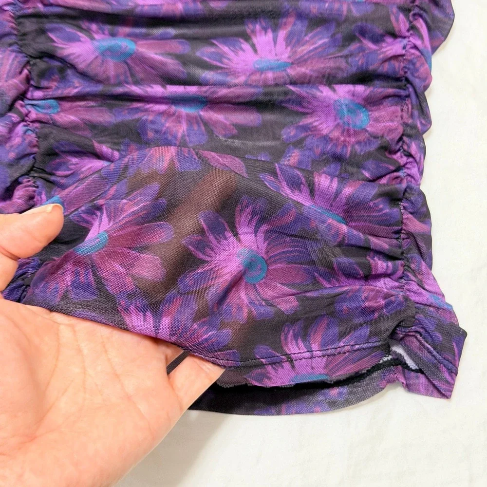 Intimately Free People Purple Floral Mesh Ruched Short Sleeve Top XS